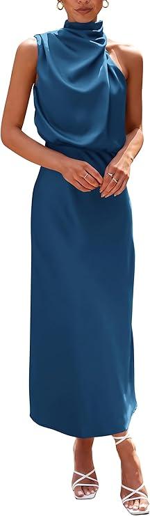 PRETTYGARDEN Women's 2025 Summer Satin Dress Elegant Sleeveless Mock Neck Cocktail Party Maxi Dresses, Size M, Navy
