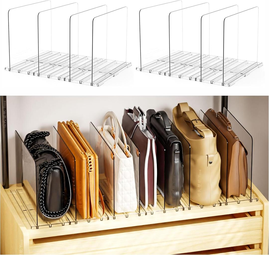 Handbag & Purse Organizer For Closet,8 Pack Adjustable Clear Acrylic Shelf Dividers and Handbag Storage Organizer,Plastic Clutch Dividers for Pocketbook,Book,Shopping Bag & Gift Bag,Sweater Organizer