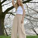 Women Linen Wide Leg Pants High Waisted Smocked Elastic Waist Palazzo Pants Lightweight Beach Travel Pants Apricot