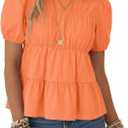 Rapbin Womens Puff Short Sleeve Babydoll Tops Summer Peplum Pleated Cotton T Shirts Casual Loose Fit Flowy Blouses, XXL