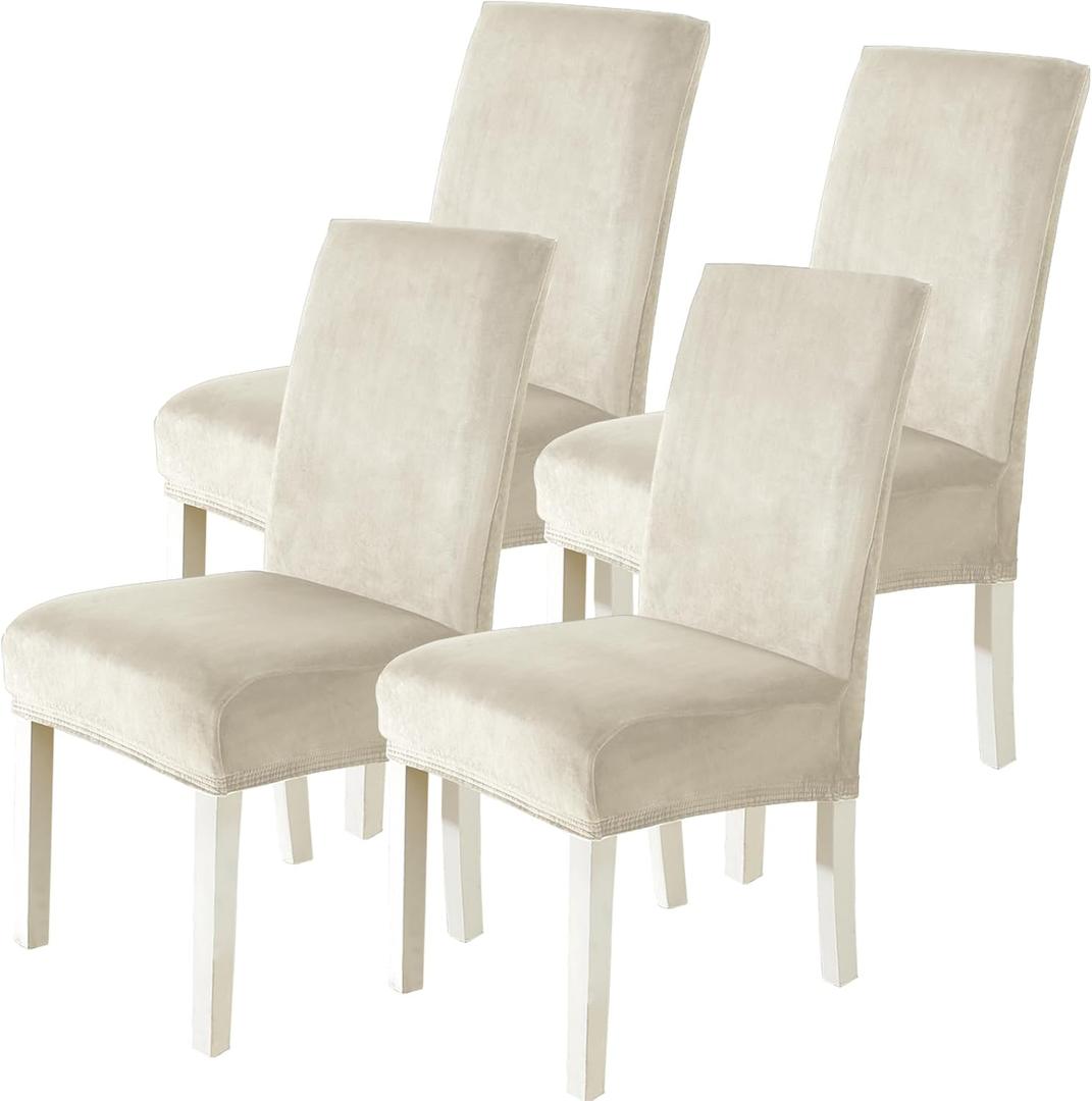 Velvet Dining Room Chair Covers Set of 4, Stretch Chair Covers for Kitchen, Dining Chair Slipcovers Washable, Parsons Chair Slipcover, Soft Thick Solid Velvet Fabric (Beige)