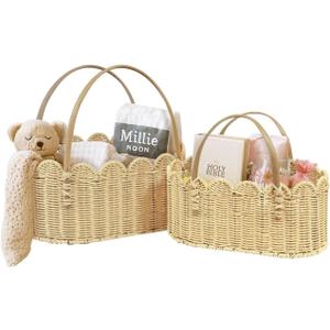 Scalloped Baskets with Handles,Hand-woven Rattan Basket,Wicker Basket with Scalloped Edge,Scalloped Storage Baskets for Home Organizing and Decor(Set of 2-Natural)