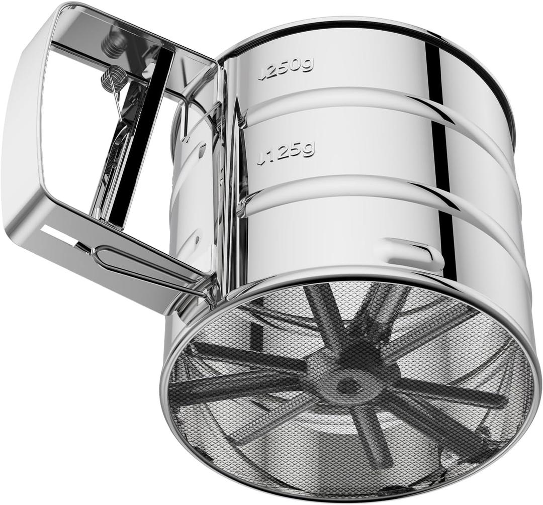 Flour Sifter 3 Cup for Baking, Crank Sifter with Professional Fine Mesh Baking Sifter Flour, One Hand Press Stainless Steel Flower Sifter, Excellent Flour Sieve Baker Dusting for Quick Sifting Omesata