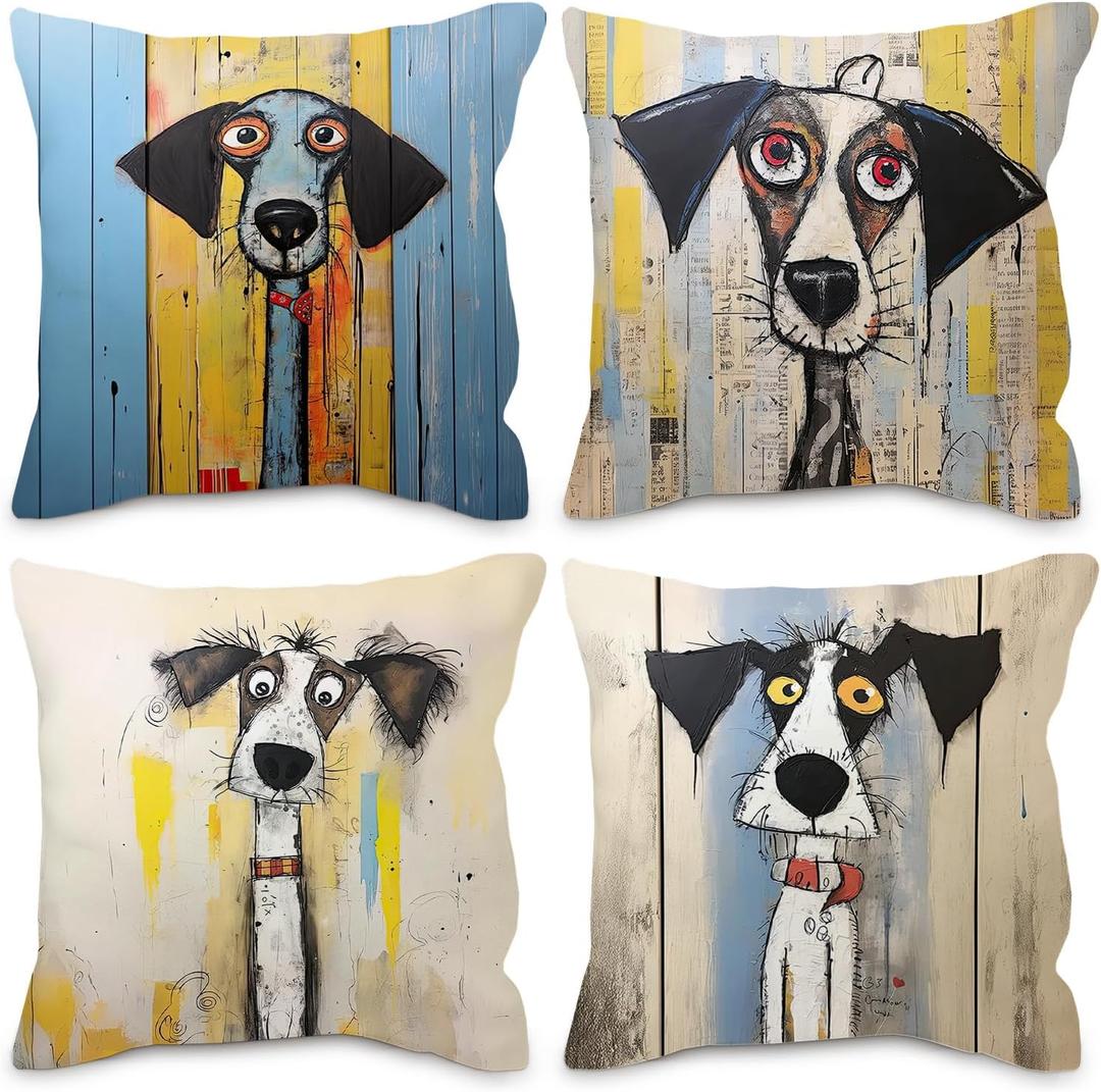 Abstract Dogs Pillow Covers 18x18 - Funky Dogs Throw Pillow Cover, Fun Quirky Dog Lovers Gifts Presents for Women Men, Trendy Quirky Dog Home Decor, Set of 4