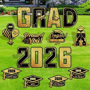 16 Pcs Graduation Yard Signs Class of 2026, 16.1" Large Black Gold Graduation Yard Sign with Stakes, Congrats Grad Sign for Graduation Party Decorations 2026, Outdoor Grad Decor for College High School