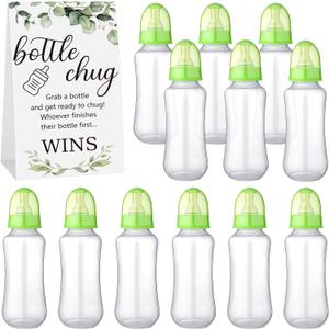 TrelaCo Cool Baby Shower Games Sets 12 Pcs Bottles with 1 Bottle Chug Sign for Gender Reveal Baby Shower Party Favors Decoration Games(Leaves,Green)