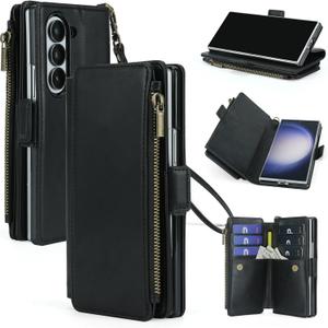 ASAPDOS for Samsung Galaxy Z Fold 6 Wallet Case with S Pen Holder,PU Leather Strap Wristlet Flip Case with Magnetic Closure[S-Pen Fully Compatible],Card Holder[RFID Blocking] and Kickstand Black