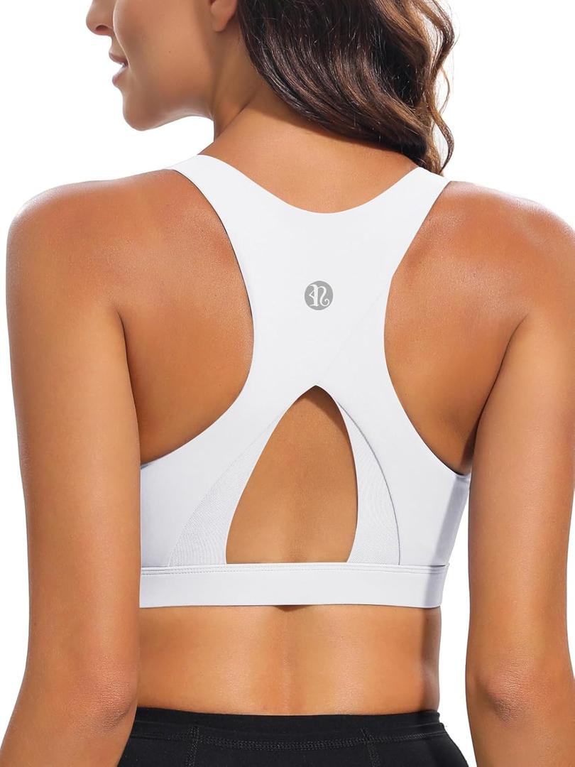 RUNNING GIRL High Impact Sports Bras for Women,Racerback Running Bra Workout Crop Tank Tops Longline Sports Bra Push up (White, L)