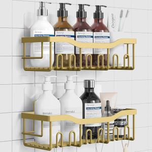 Shower Caddy 2 Pack, Adhesive Organizer for Bathroom Storage, Home Decor & Kitchen, No Drilling, Rustproof Stainless Steel Shelf, Bathroom Decor Sets (Matte Gold)