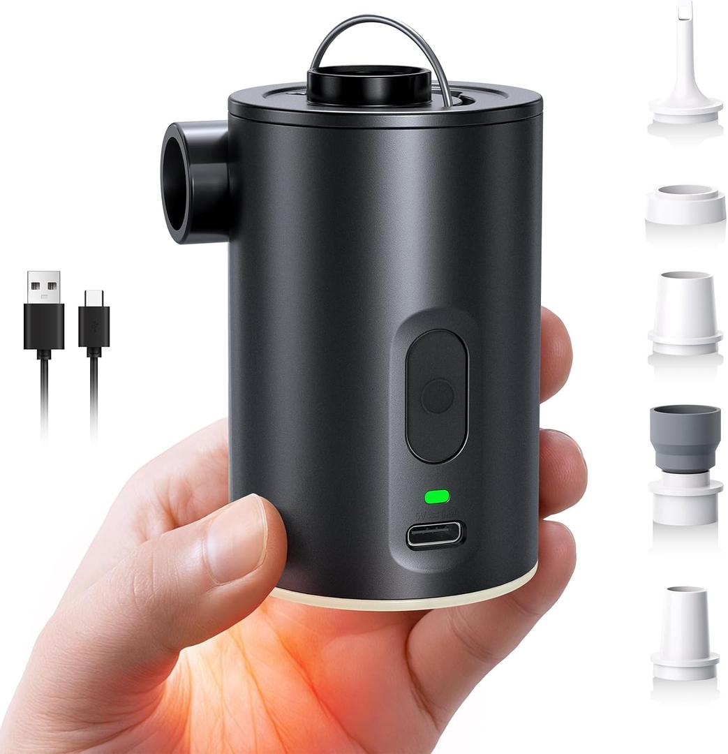 Portable Air Pump for Inflatables, Ultra-Mini Air Mattress Pump 4X with Camping Light & 5 Nozzles, 1600mAh USB Rechargeable, Quick Inflate Deflate for Pool Floats, Swim Rings, Vacuum