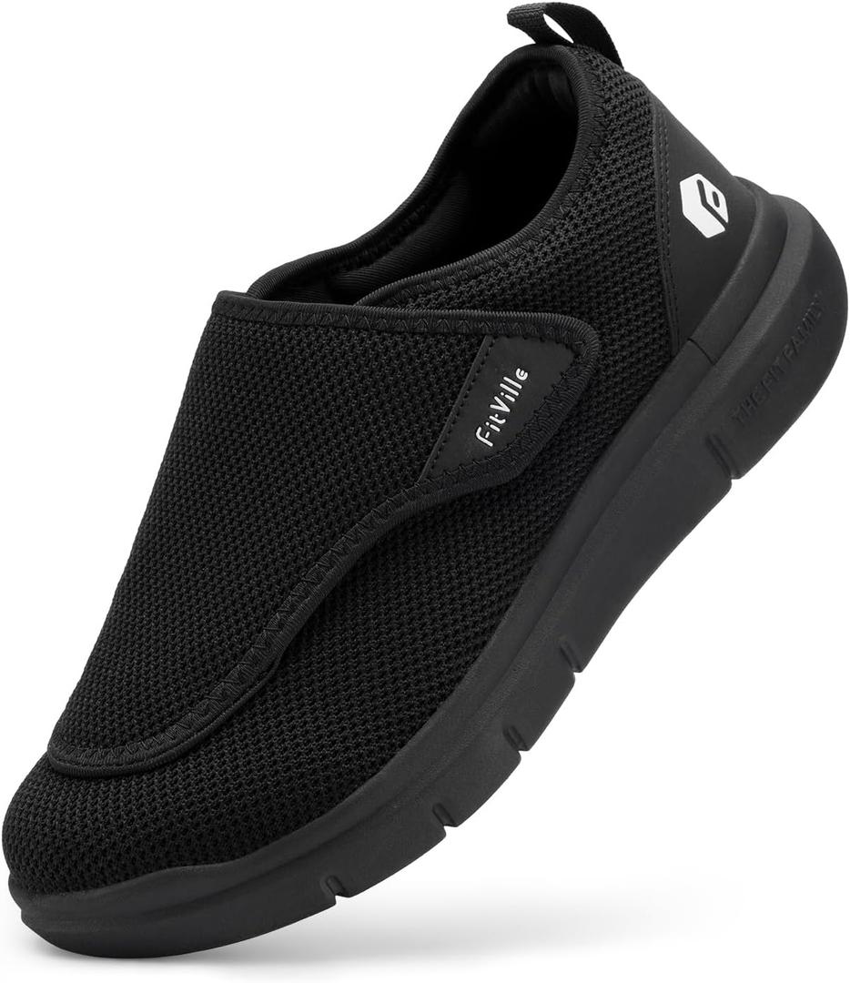FitVille Diabetic Shoes for Men Extra Wide Slip-on Shoes for Swollen Feet Adjustable Walking Shoes for Elderly Foot Pain Relief Neuropathy - EasyTop Wings (12 XX-Wide, Black)