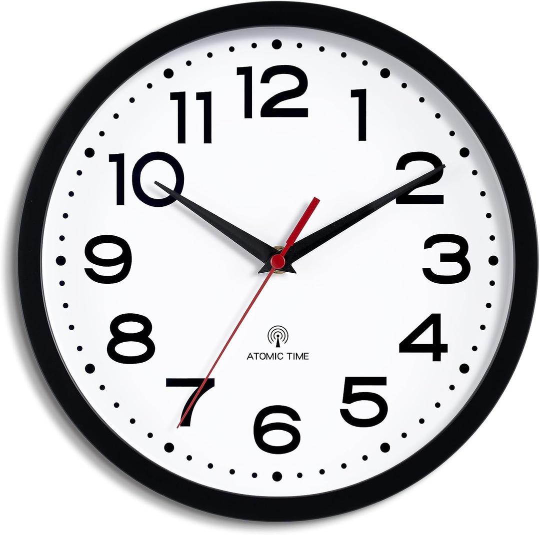 Roymnie Atomic Wall Clock 10 Inch, Modern Clock Battery Operated Classic Analog Decorative for Kitchen, Living Room, Office, Bedroom, Bathroom (Black)