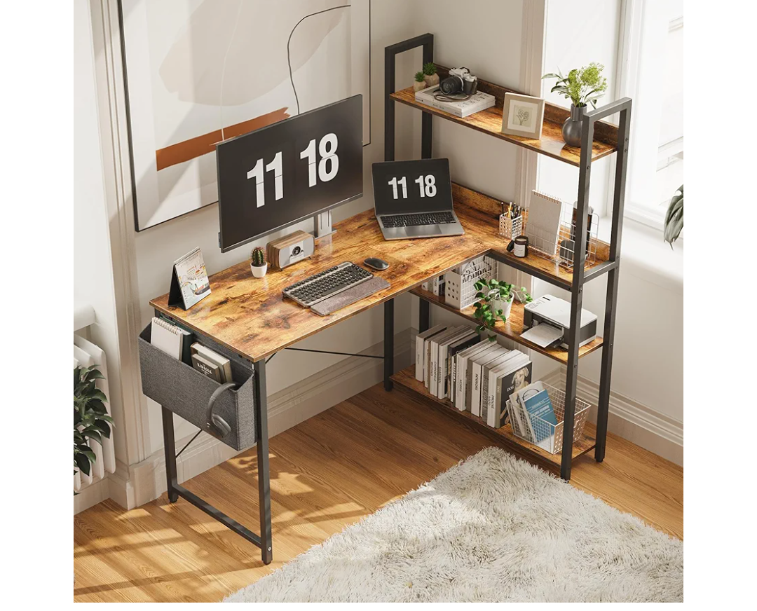 Treesland 47 Inch Computer Desk with Bookshelf, Corner Desk with Storage, L Shaped Desk, Home Office Desks, Writing Study Desk for Bedroom, Brown