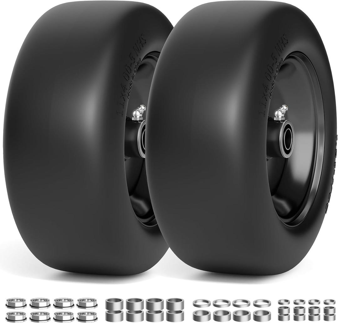 RONPOW 11x4.00-5 Lawn Mower Tires Flat Free and Wheel, 11x4-5 Solid Front Tires for Zero Turn Mower, 350Lbs Load, 3/4", 5/8" and 1/2" Bearings, 3.4"-5.8" Hub for Residential Commercial, 2Pack Black