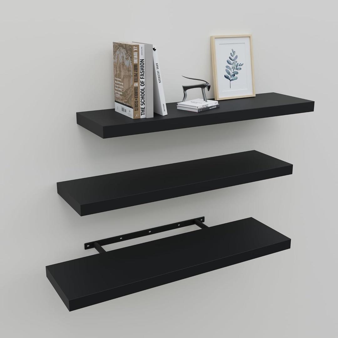 Floating Shelves for Wall Set of 3, 24" Black Wall Shelves for Home Decor, Frame Display Wall Mounted Black Floating Shelf for Living Room, Bedroom, Bathroom, Kitchen