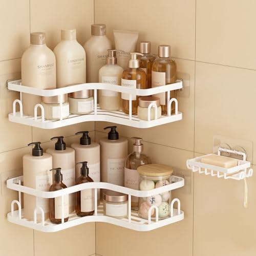 Veken Corner Adhesive Shower Caddy 3-Pack with Soap Holder&Hooks,No Drilling Shower Shelves,Rustproof & Waterproof Bathroom Organizers and Storage,Rack for Small Spaces, Kitchen&Rental-Friendly,White