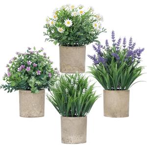 4 Pack Small Fake Plants, Artificial Eucalyptus Leaves with Flowers, Lavender & Daisy with Gray Paper Pulp Pots, Small Faux Potted Plant with Flowers for Home Decor, Indoor&Outdoor Decoration