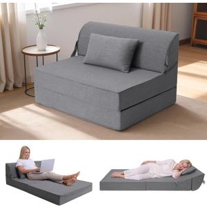 BeBen Folding Sofa Bed Chair, Convertible Sleeper Chair Futon Couch, Foldable Boneless Floor Lounge Sofa, Twin Foam Chair Bed for Small Spaces, Dorm, Guest Room, Living Room, Apartment, Grey