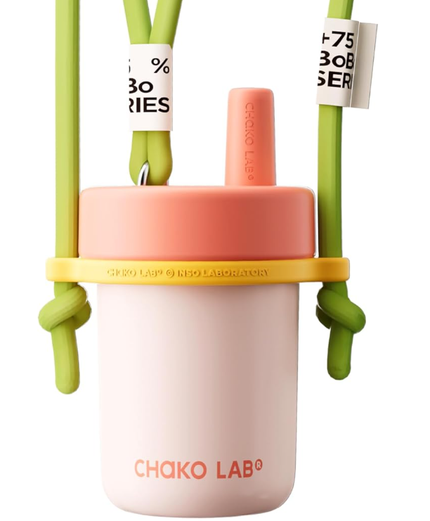 CHAKO LAB Kids Water Bottle with Carrying Rope and Straps | Vacuum Insulated Stainless Steel 16oz for School and Trvels | Two Travel Carrying Options | Strawberry Pink