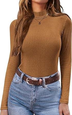 Women's Mock Turtleneck Long Sleeve Shirts Ribbed Knit Lightweight Pullover Sweater Stretch Fitted Thermal Top, Size XL