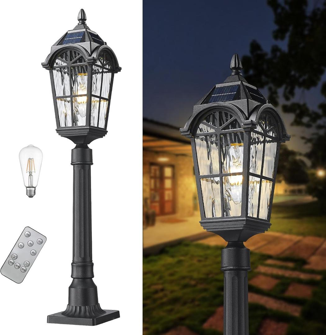 Solar Outdoor Post Light with Remote, Dusk to Dawn Solar Panels Waterproof Exterior Pole Lamp with Pier Mount Base Water Ripple Glass Auto On/Off Pathway Lighting for Garden Walkway Street