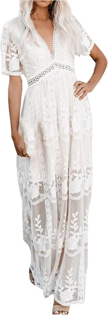 Women's Sexy Deep V Neck Half Sleeve Floral Lace Wedding Dress Bridesmaid Cocktail Party Maxi Dress Tunic Dress, (S)