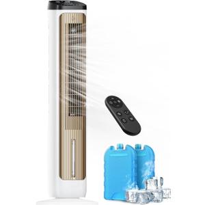PNTCK 41" Evaporative Air Cooler, 80 Oscillation Swamp Cooler with Ice Packs, 12H Timer, Remote, 3 Speeds & 4 Modes, Bladeless Tower Fan Cooling Fan for Bedroom Office Home Room