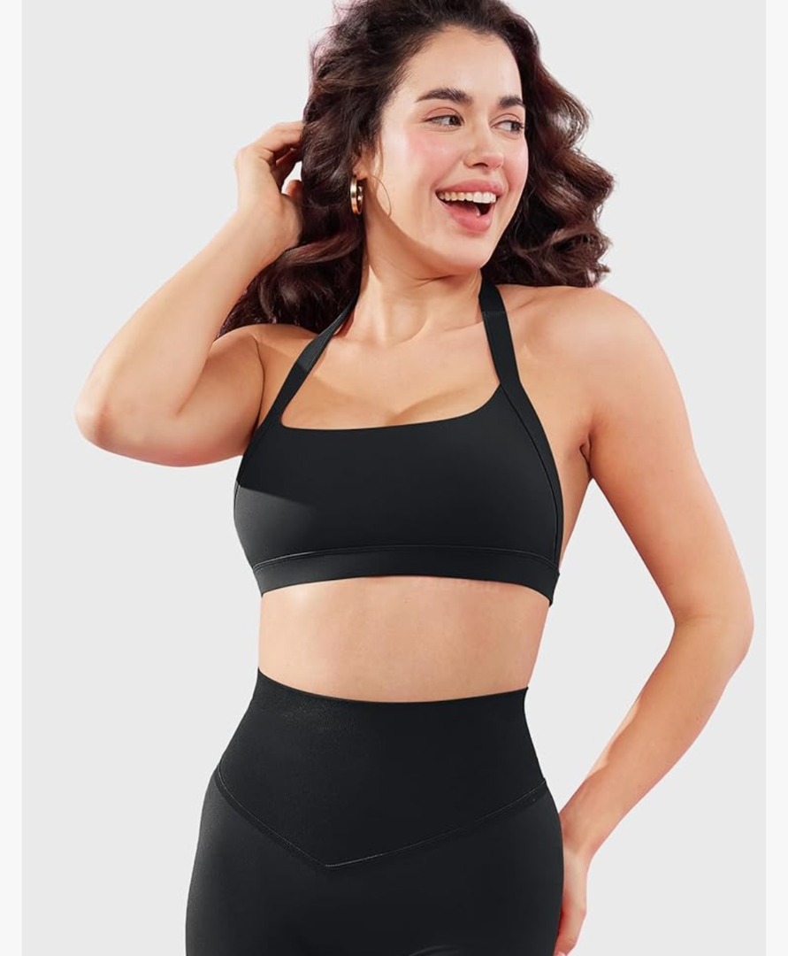 YEOREO Roxanie Women Halter Sports Bra Scoop Neck Removable Padded Open Back Yoga Workout Crop Tank Top, XL, Black