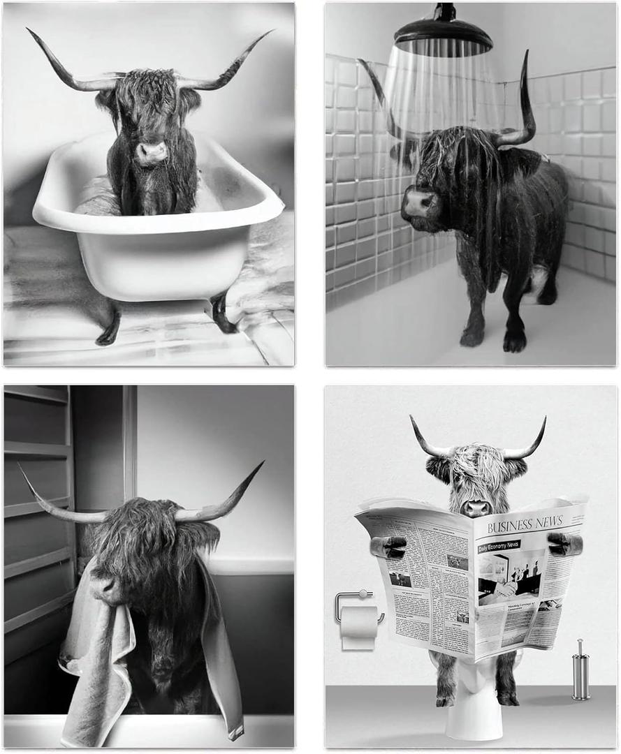 NIIORTY Funny Highland Cow Bathroom Wall Art, Vintage Black and White Rustic Style Canvas Prints for Bathroom Restroom Farmhouse Decor, 4-Set (8"x10" Unframed)