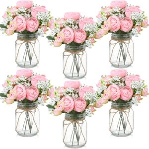 Zeyune 6 Sets Mason Jar Centerpiece Table Decorations, Artificial Peony Baby's Breath Flower Bouquets, Faux Flowers with Vase, Rustic Decor Gifts for Home, Wedding, Holiday (Light Pink)