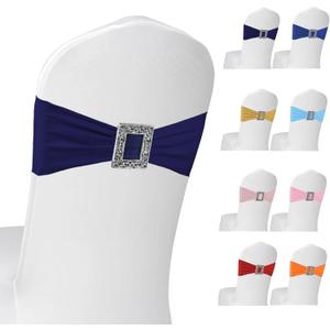 100 Pack Spandex Stretch Chair Sashes Bows Elastic Chair Cover Bands Ties with Buckle Slider for Wedding Party Banquet Restaurant Baby Shower Chairs Decorations (Navy Blue)