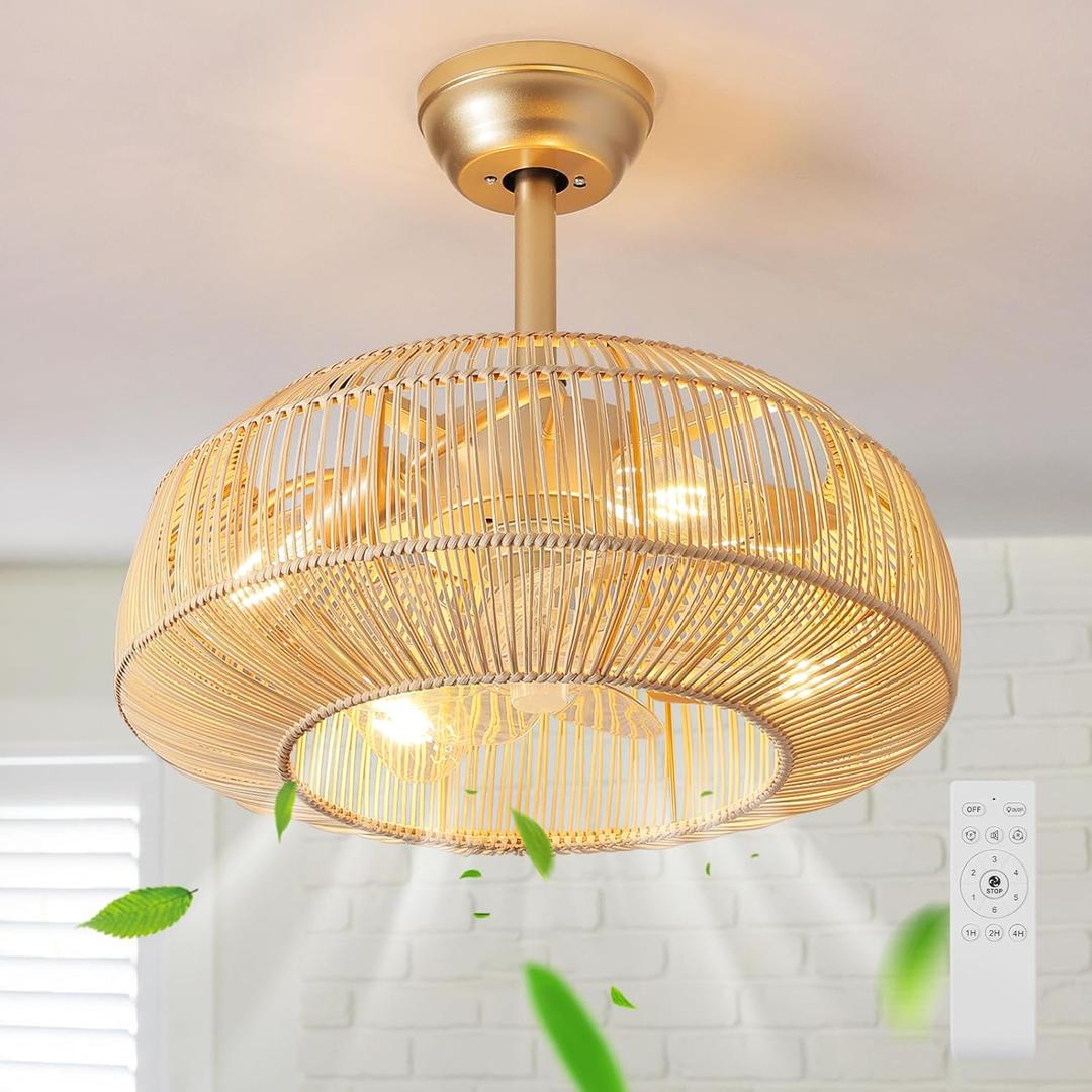 20" Boho Rattan Ceiling Fan with Lights, Flush Mount Caged Ceiling Fan with Remote, 6 Speed, Timing, Reversible Blades Enclosed Farmhouse Fan Lights for Bedroom, Kitchen