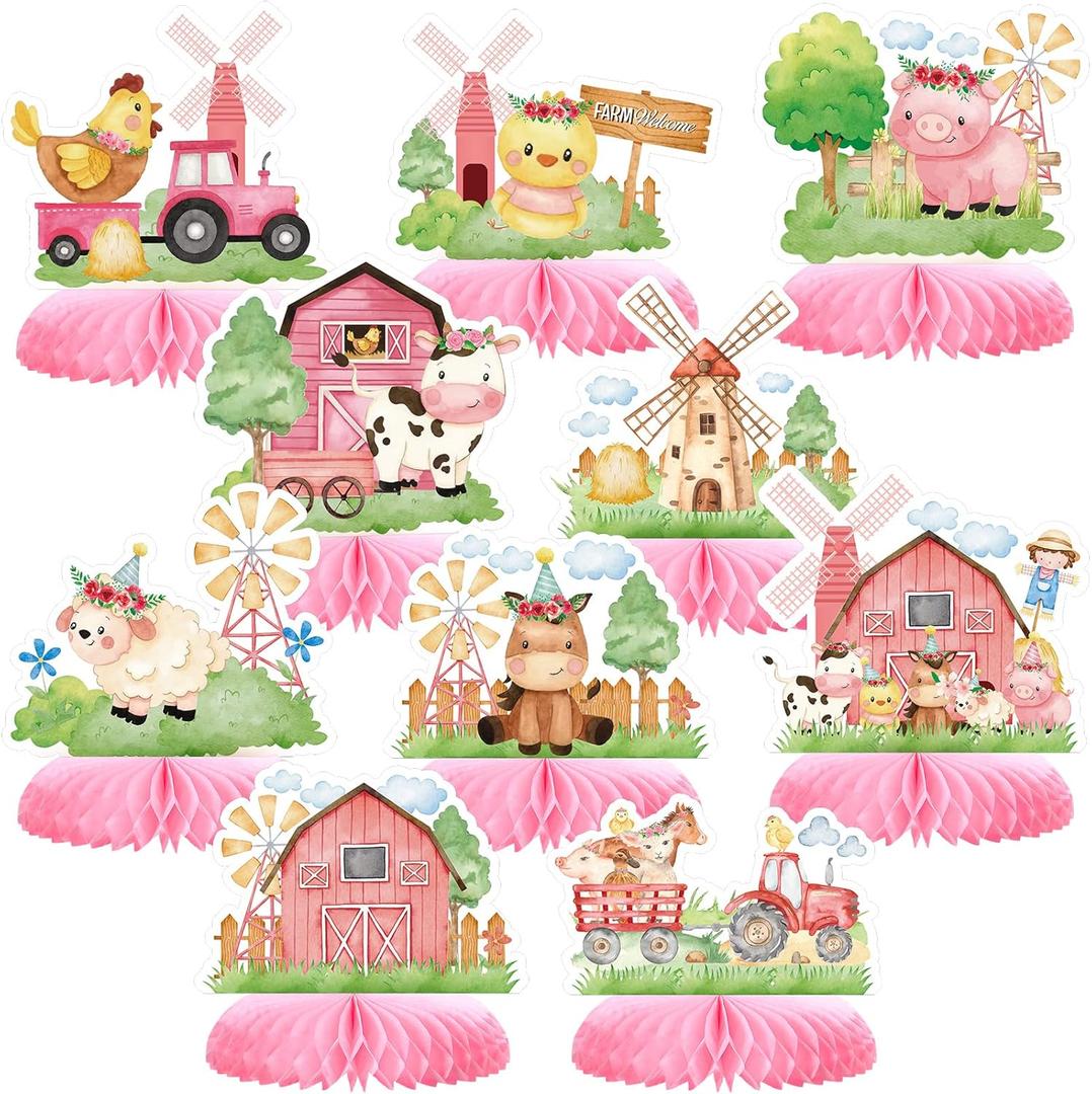 10 Pcs Pink Farm Animals birthday Party Supplies Girl Pink Barnyard Decorations Farm Animal Honeycomb Centerpiece for Table Baby Shower Party Decorations