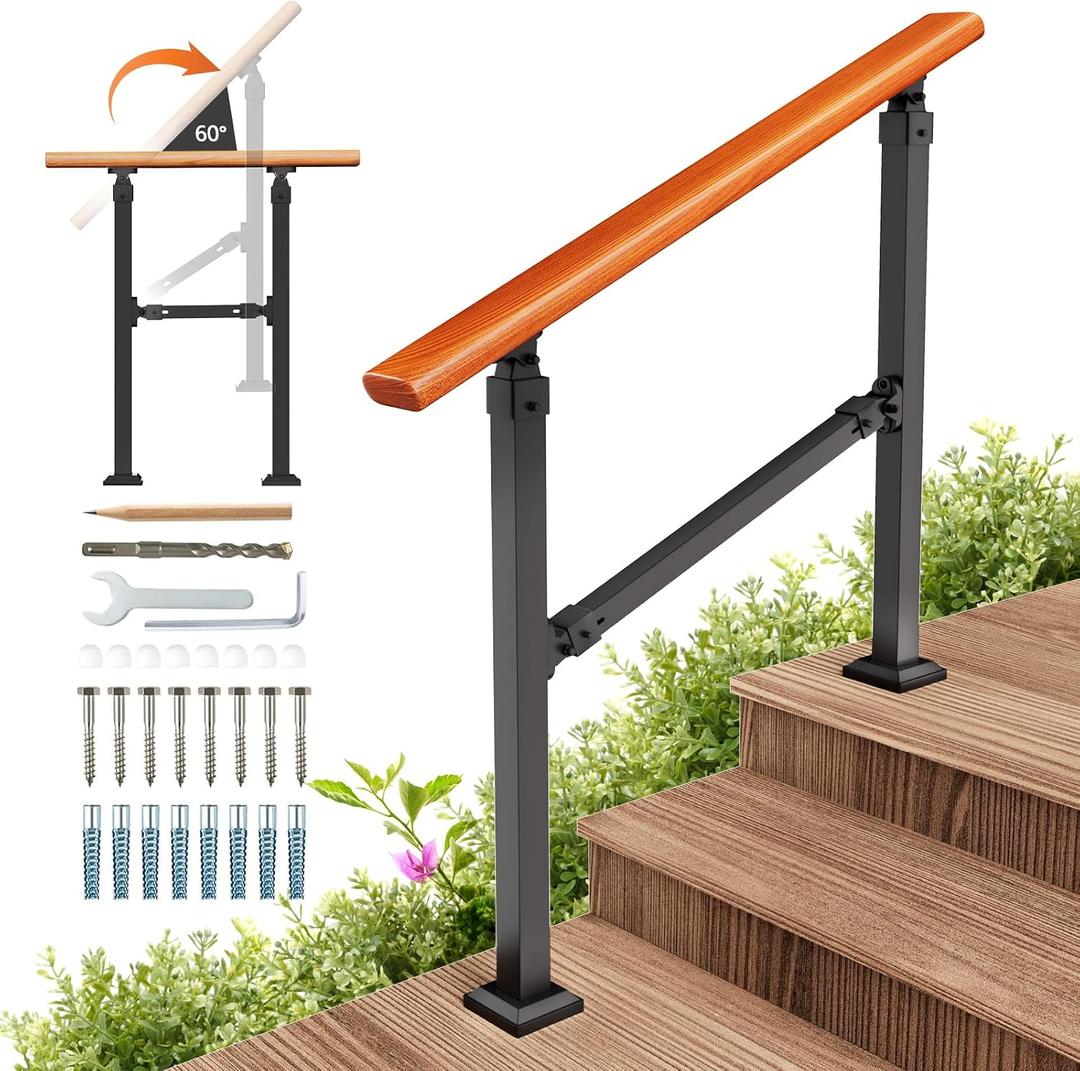 Metal Handrail Wood Grain for Elderly, 3 Step Hand Rails for Outdoor Steps, Outdoor Indoor Stair Handrails Kit, Porch Hand Rails for Concrete Steps