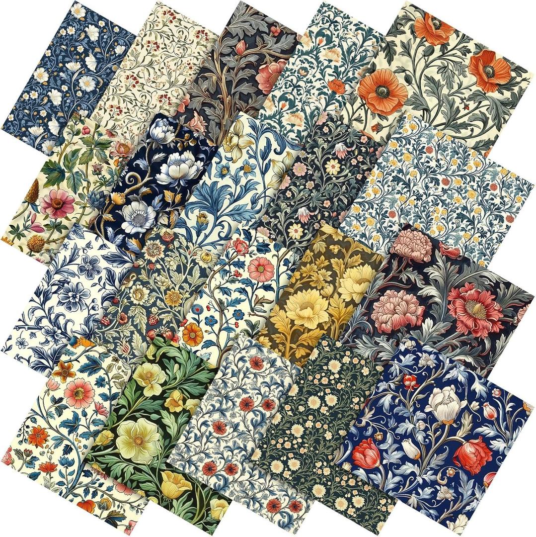 Tudomro 60 Pcs William Morris Floral Fabric Squares Bundles 10 x 10 Inch Cotton Vintage Floral Quilting Fabric Retro Flower Fat Quarters Patchwork Material for Holiday DIY Craft Sewing Quilt Handmade