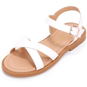 PANDANINJIA Elva Girls Sandals Open Toe Cute Flats Dress Sandals Cross Strappy Summer Shoes Toddler/Little Kid/Big Kid (Elva White Pu)