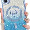 MZELQ Compatible with iPhone 16 Plus Case Plating Magnetic [Support for Magsafe] Bling Glitter Love Heart Back Diamond Camera Lens Cover Crystal Matte Luxury Case for Girls Women -Blue