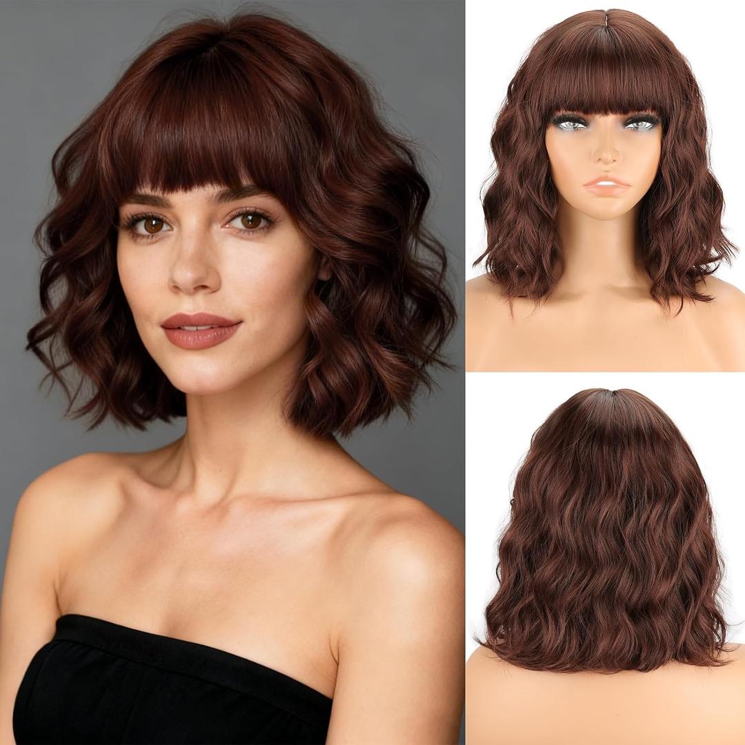 MISSQUEEN Brown Wavy Wigs With Bangs Curly Short Bob Wigs for Women for Heat Resistant Fiber Synthetic Colorful Wig for Daily Party Cosplay Chrismas Halloween Used