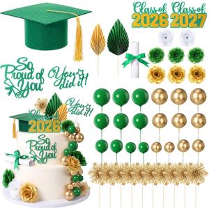 Sureio 48 Pcs Graduation Cake Toppers Class of 2026 Congrats Grad Cake Decor Graduation Cap Diploma Artificial Flower Card Ball Palm Leaves Firework Stick Kit for Theme Party Supplies (Green, Gold)