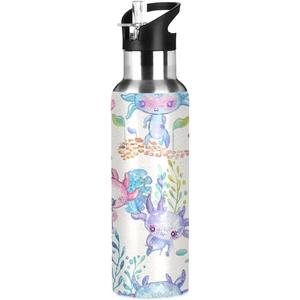 Axolotl Sports Water Bottle, Double Wall Vacuum Insulated Stainless Steel Water Bottle with Straw Keeps Hot and Cold, Bike Running Sports Travel Gym 20oz