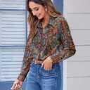 Zeagoo Button Down Shirts for Women Dressy Floral Printed Long Sleeve Blouse Business Casual Work Tops (L)