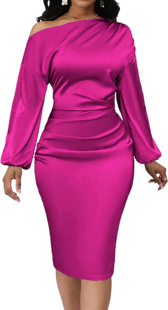 Yiershu Women's Sexy Fall Off Shoulder Bodycon Dress Elegant Long Sleeve Formal Cocktail Party Midi Maxi Dresses (Medium)