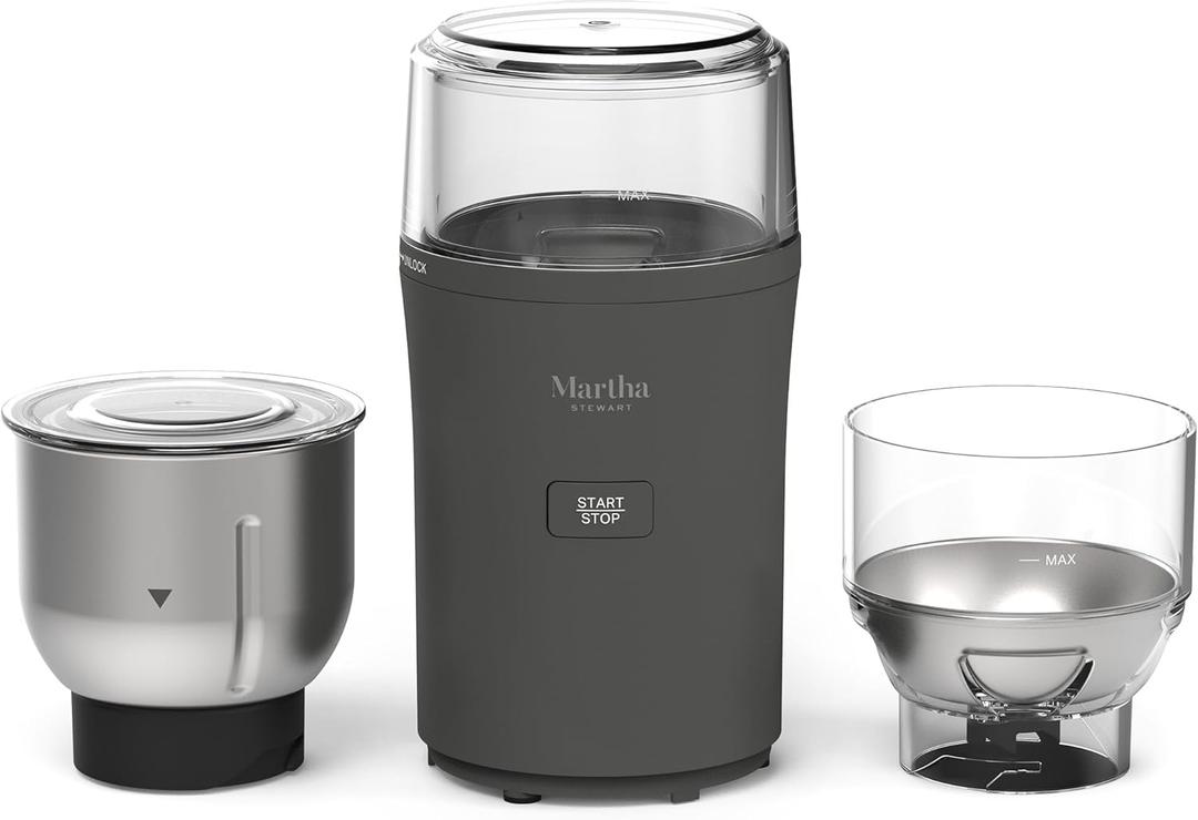 MarthaStewart ElectricCoffee & Spice Grinder,Dual 2.5oz Removable Bowls, StorageLids,Stainless Steel Blades,One Touch Pulse Control,2-in-1Compact,Beans & Spices, Herbs& Nuts, Caviar Gray