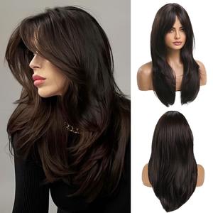 20 Inches Long Straight Dark Brown Layered Synthetic Hair Wigs with Bangs for Women Daily Party Use
