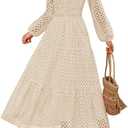 ZESICA Women's 2026 Spring Long Sleeve Maxi Dress V Neck Hollow Out Eyelet A Line Long Flowy Casual Party Dresses (Beige, L)