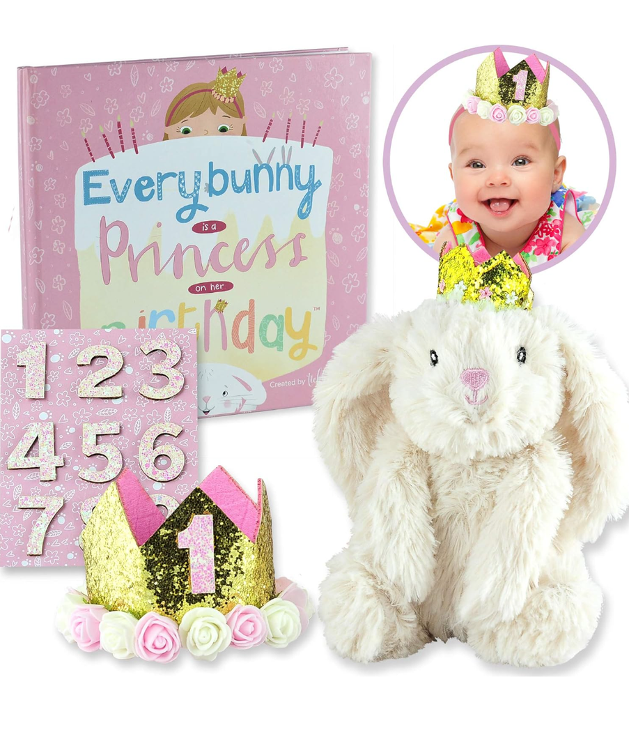 Birthday Bunny Gift Set for Baby, Toddler, and Girls Ages 1 2 3 4 5 - Includes Book, Bunny, and Princess Crown with Interchangeable Stickers for Years 1-9. Everybunny’s a Princess on Her Birthday!