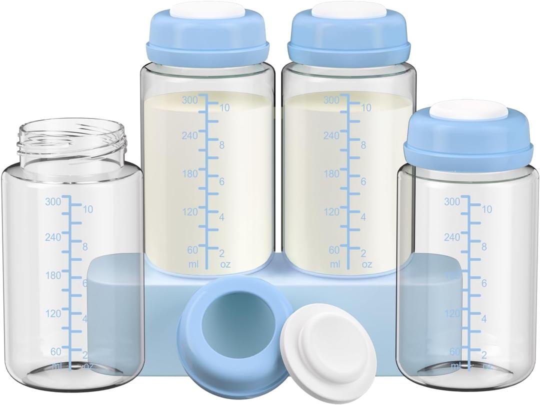 4 Pack 10oz Wide-mouth Breastmilk Storage Bottle for Momcozy 22oz Portable Breast Milk Cooler, Pumping Storage Containers Compatible with Spectra S1/S2/9 Plus/SG/Motif Luna (4PC/Blue Lids)