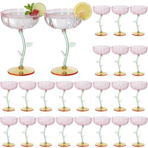 24 Pcs Flower Detachable Martini Glasses, 7oz Plastic Cocktail Glasses, Flower Edge Wavy Mimosa Champagne Glass Coupe Unbreakable Glassware for Wine Wedding Valentine Party(Pink)