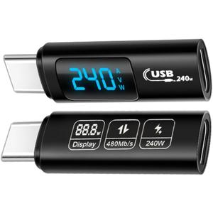 USB-C Adapter, 2Pack 240W Type-C Male to Type-C Female Extension Adapter Power Meter Tester with Digital Display for iPad Pro iPhone16 Pro Max MacBook Laptop and All USB C Cable(USB 2.0)