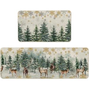 Artoid Mode Xmas Trees Deer Snowflakes Christmas Kitchen Mats Set of 2, Winter Home Decor Low-Profile Kitchen Rugs for Floor - 17x29 and 17x47 Inch (Green)